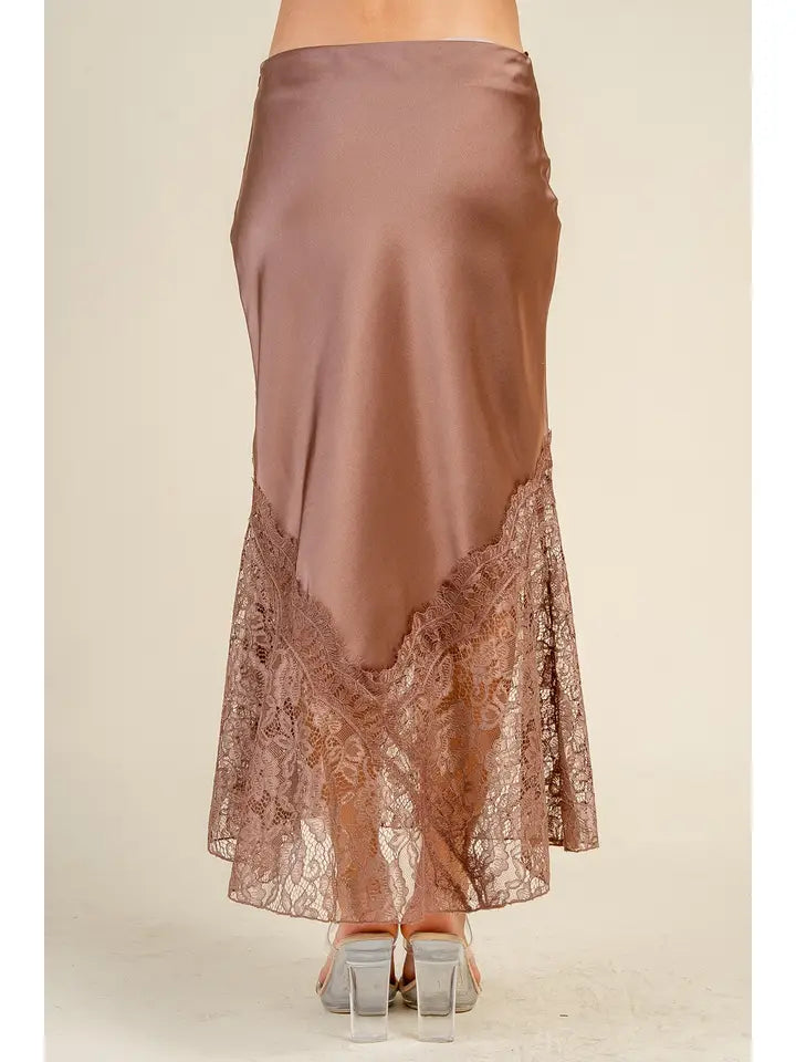 Satin Midi Skirt w/ Lace Trim Detail