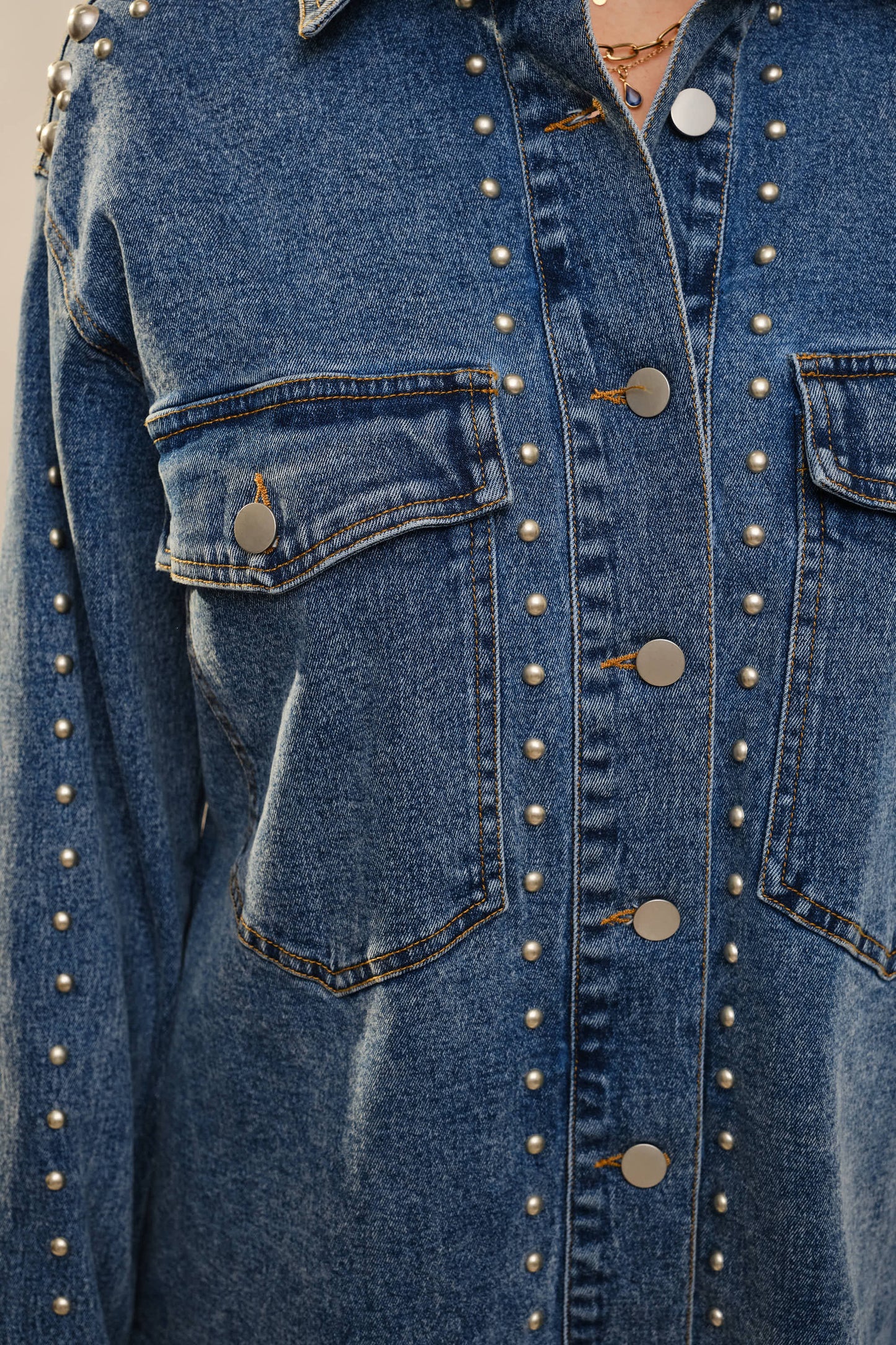 23923J Metal Studded Oversized Denim Shacket