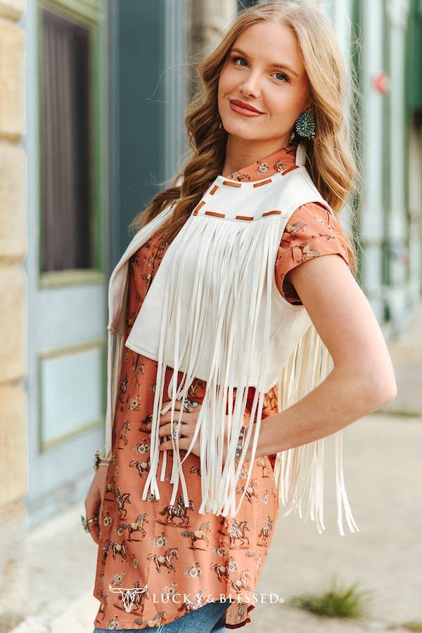 Ivory Stretch Suede Contact Buck-stitch Fringe Vest