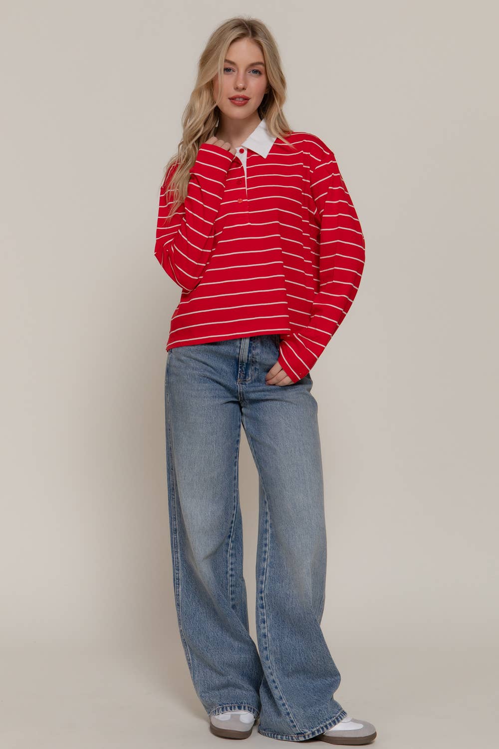 Long Sleeve Y/D Stripe Cotton Polo Shirt