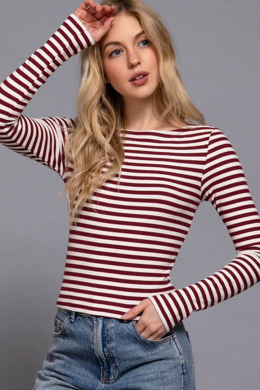 Long Sleeve Boat Neck Stripe Brushed Rib Top