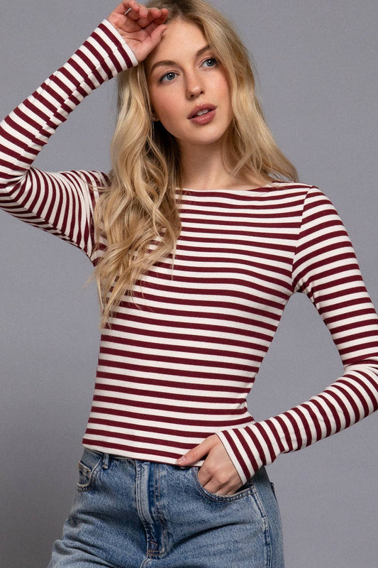 Long Sleeve Boat Neck Stripe Brushed Rib Top