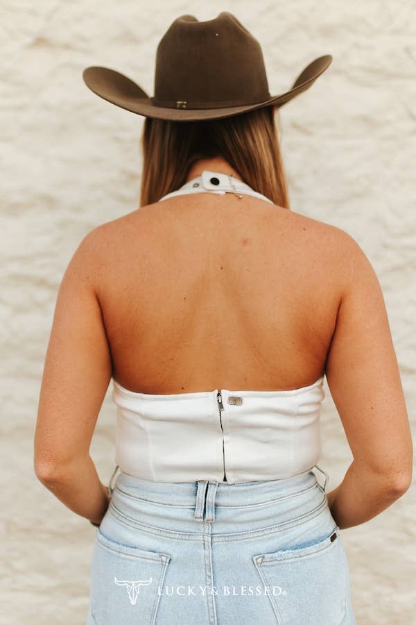 Ivory Black Contrast Boot-Stitch Fabric Halter Top