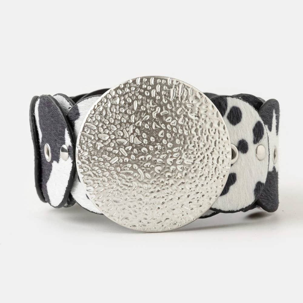 Western Inspired Faux Cowhide Large Round Buckle Belt