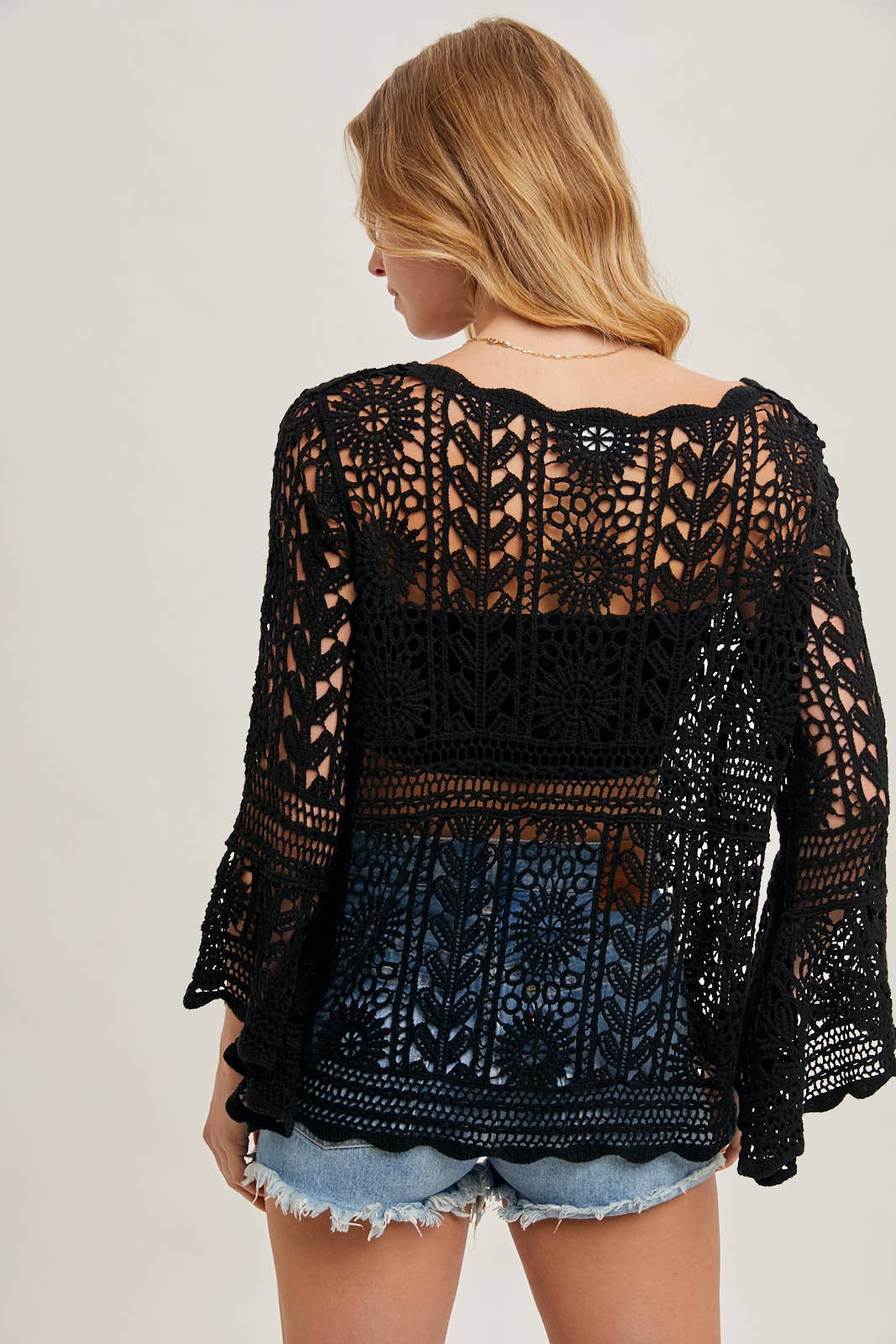 CROCHET SHEER BELL-SLEEVE PULLOVER TOP