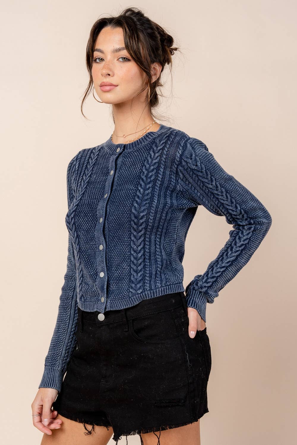 WASHED EFFECT CABLED SWEATER CARDIGAN