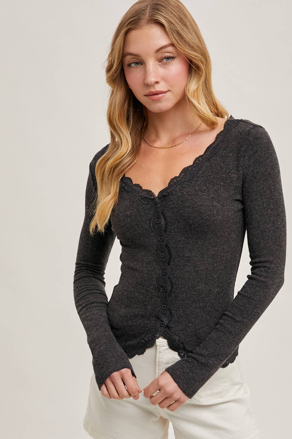 BUTTON DOWN LACE TRIMMED KNIT CARDIGAN TOP