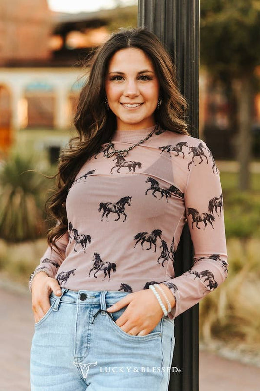 Dusty Rose Horse Printed Long Sleeve Mesh Tops