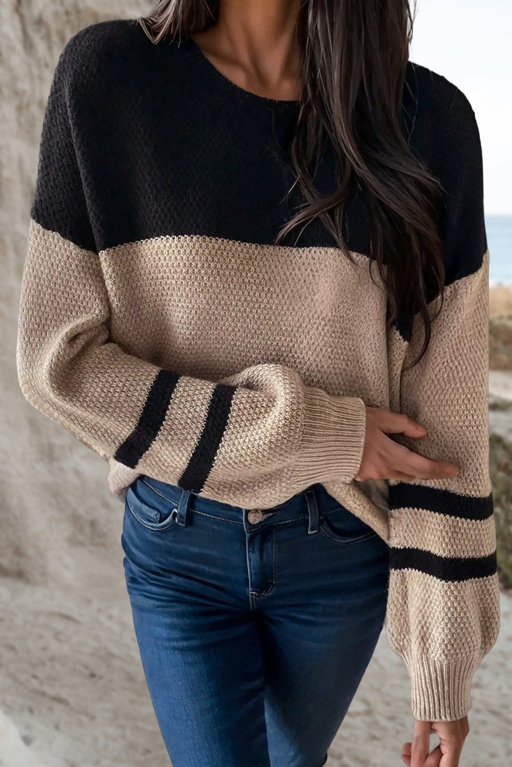 Cozy Color Block Striped Sleeve Sweater | S-XL