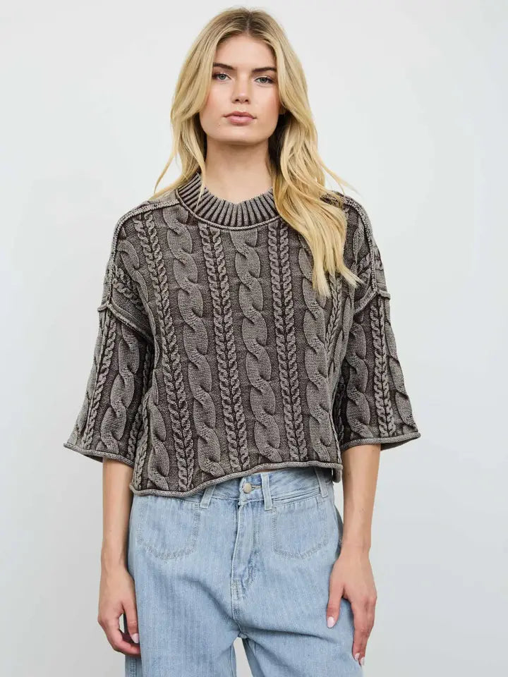 Washed 3/4 Sleeve Turtleneck Cable Knit Pullover