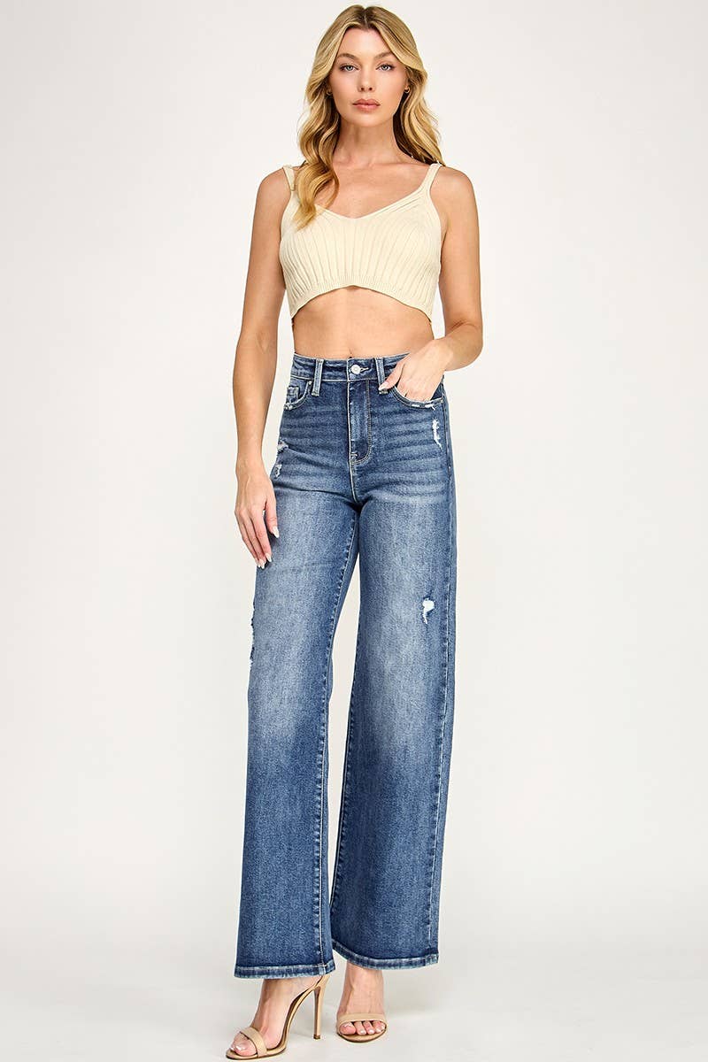 P1635W-MD DESTROYED HIGH RISE STRETCH SLIM PALAZZO WIDE LEG