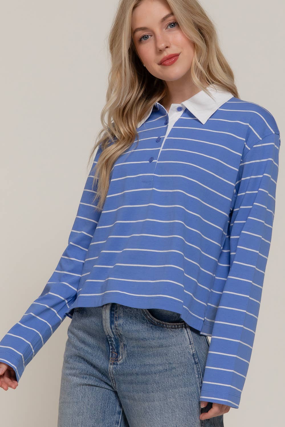 Long Sleeve Y/D Stripe Cotton Polo Shirt