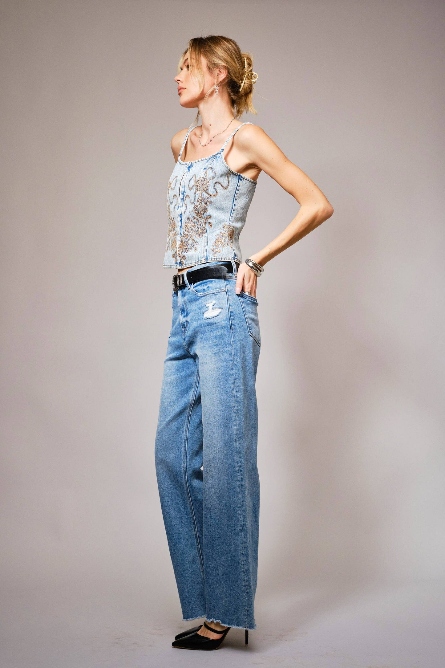 23482T - Sequin Bow Embroidered Denim Corset Top