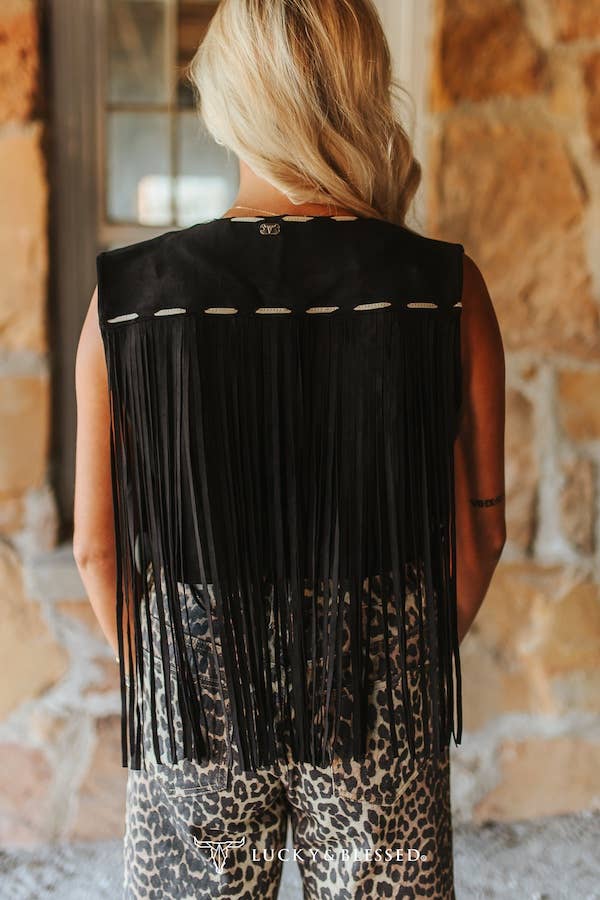 Black Stretch Suede Contact Buck-stitch Fringe Vest