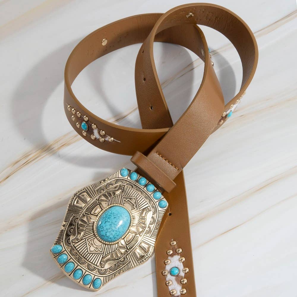 Turquoise Stone Western Concho Buckle Faux Leather Belt