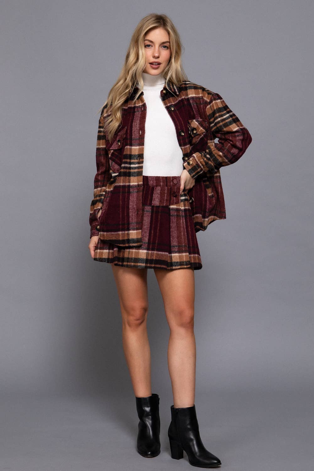 Long Sleeve Wool Blend Plaid Button Down Casual Jacket