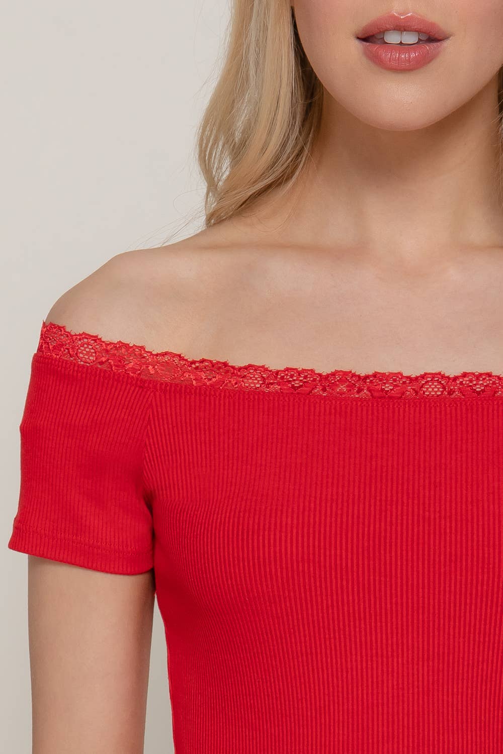 Short Sleeve Off The Shoulder with Lace Trim Knit Top