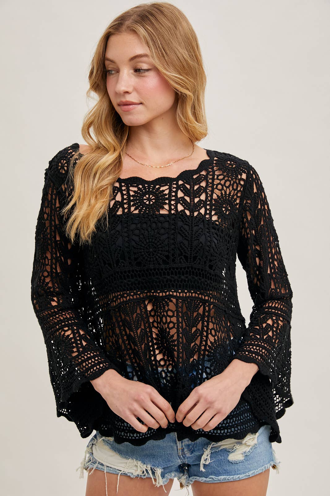 CROCHET SHEER BELL-SLEEVE PULLOVER TOP