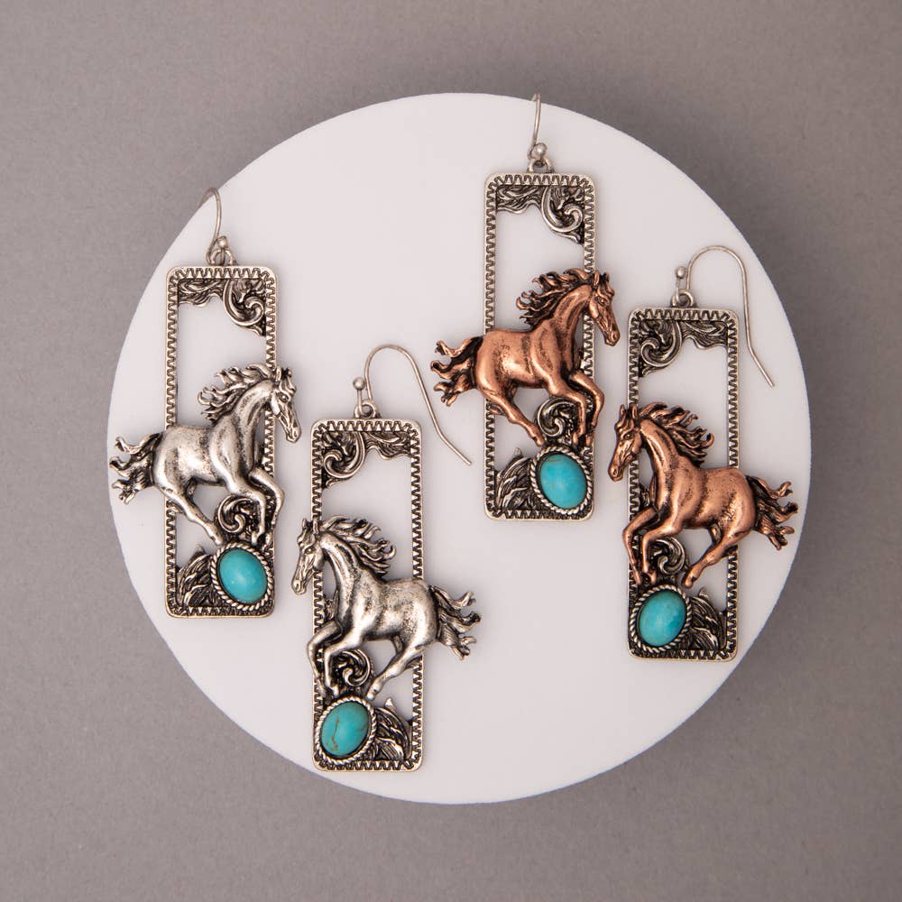 Western Turquoise Embellished Wild Horse Dangle Earrings