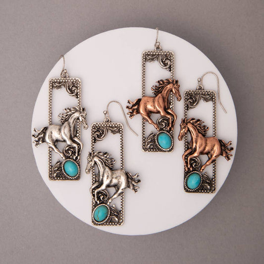 Western Turquoise Embellished Wild Horse Dangle Earrings