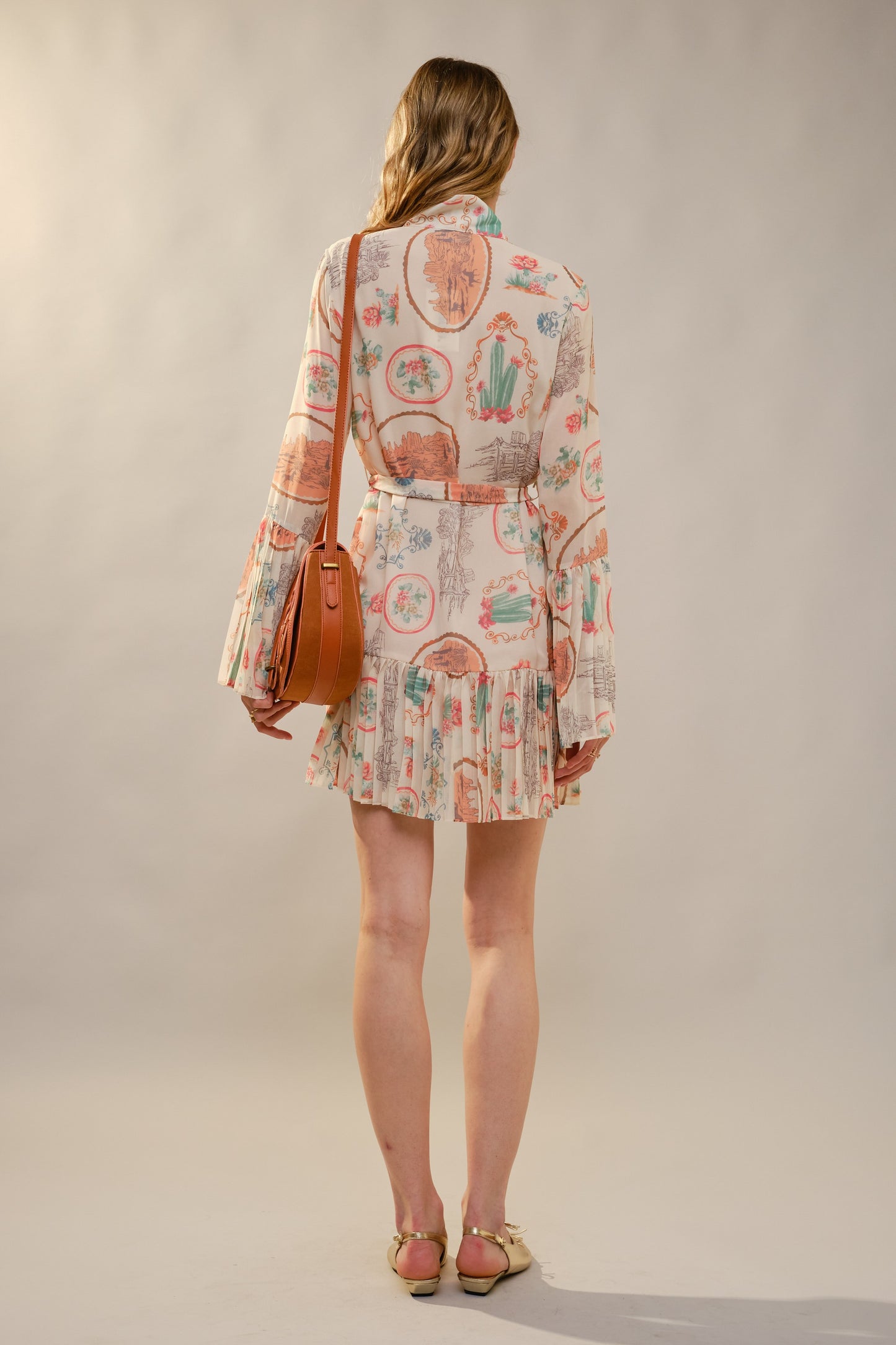 Cactus Vintage Print Pleated Mini Dress