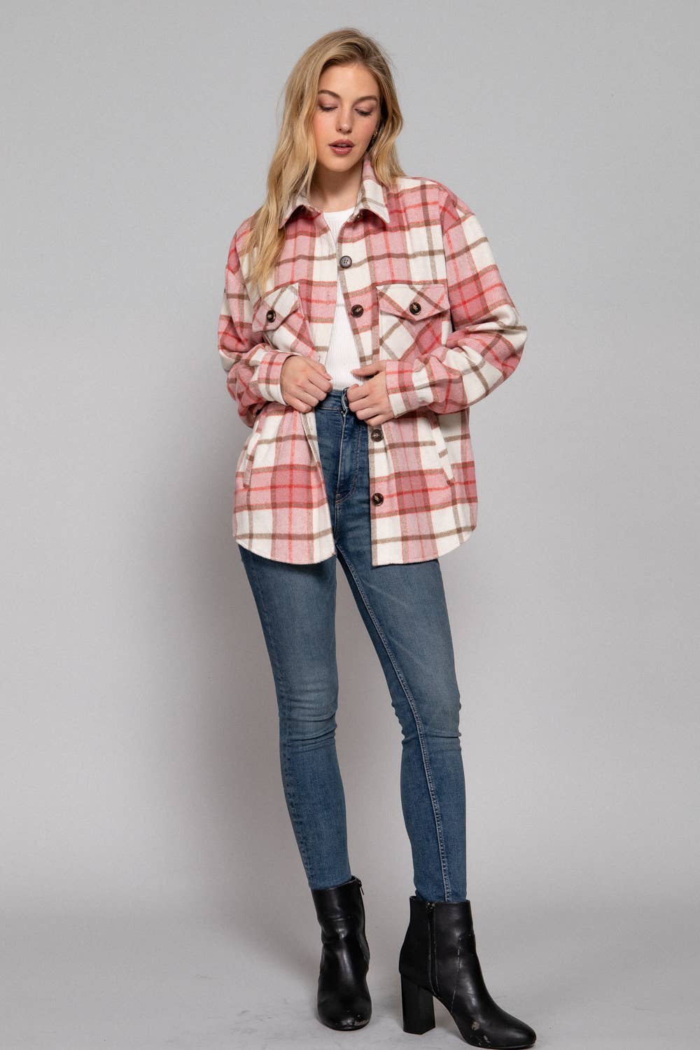 Long Sleeve Wool Blend Plaid Button Down Casual Jacket