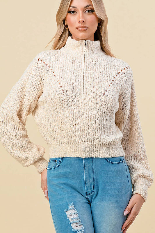 KNITTED LONG SLEEVE DETAIL PULLOVER WITH ZIPPER