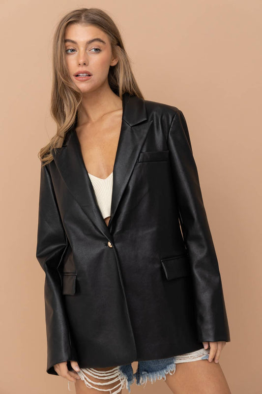 17587J - Faux Leather Boyfriend Fit Single Blazer