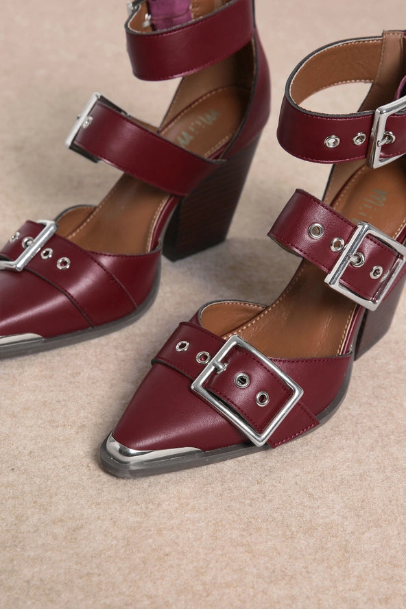Hendrix Triple Belt Strap Pointed Toe Block Heels