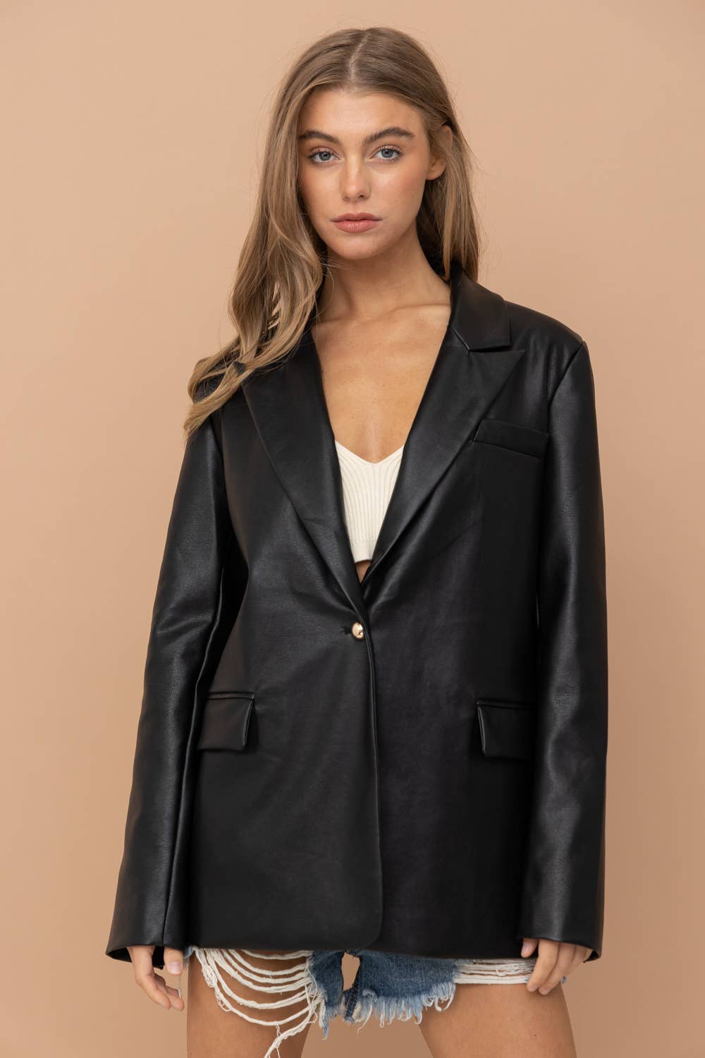 17587J - Faux Leather Boyfriend Fit Single Blazer