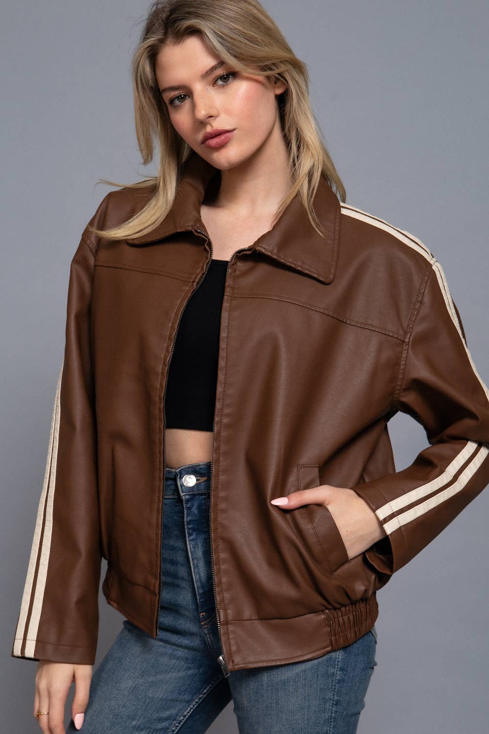 Long Sleeve Line Detail Faux Leather Jacket
