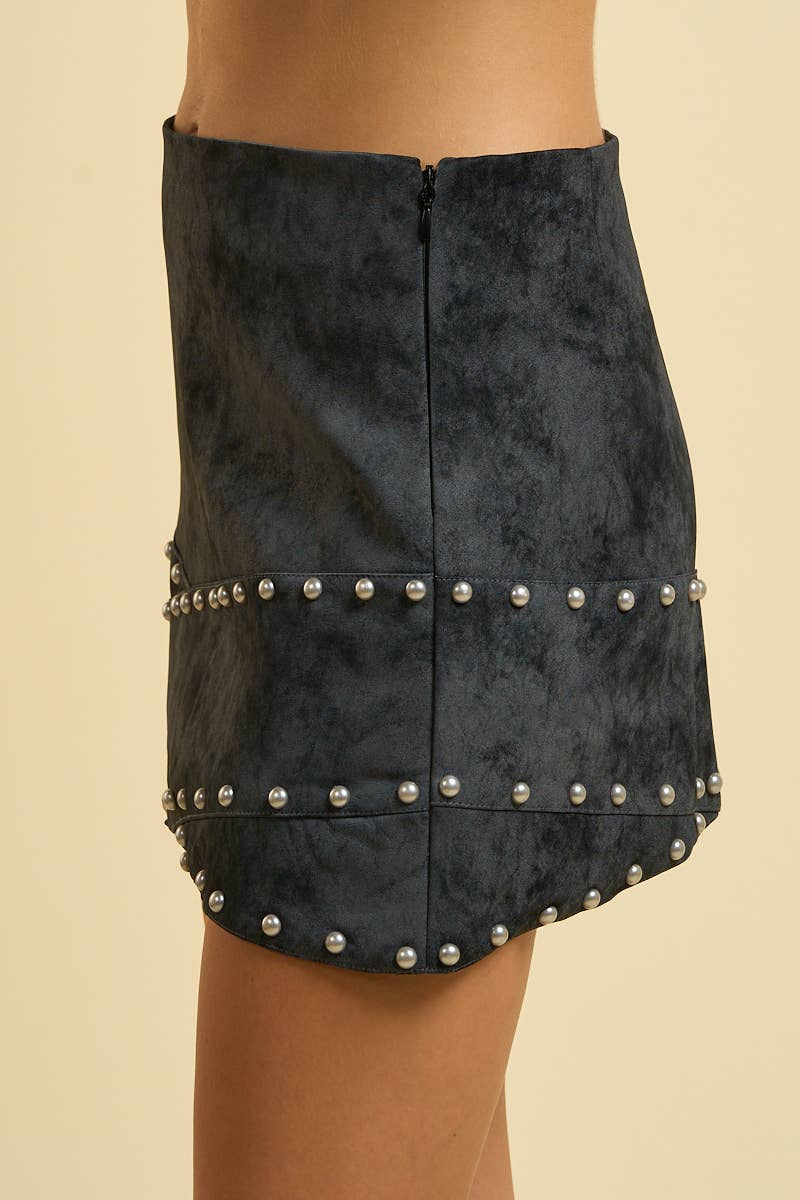 6731-Faux Suede Pearl-Studded Mini Skirt