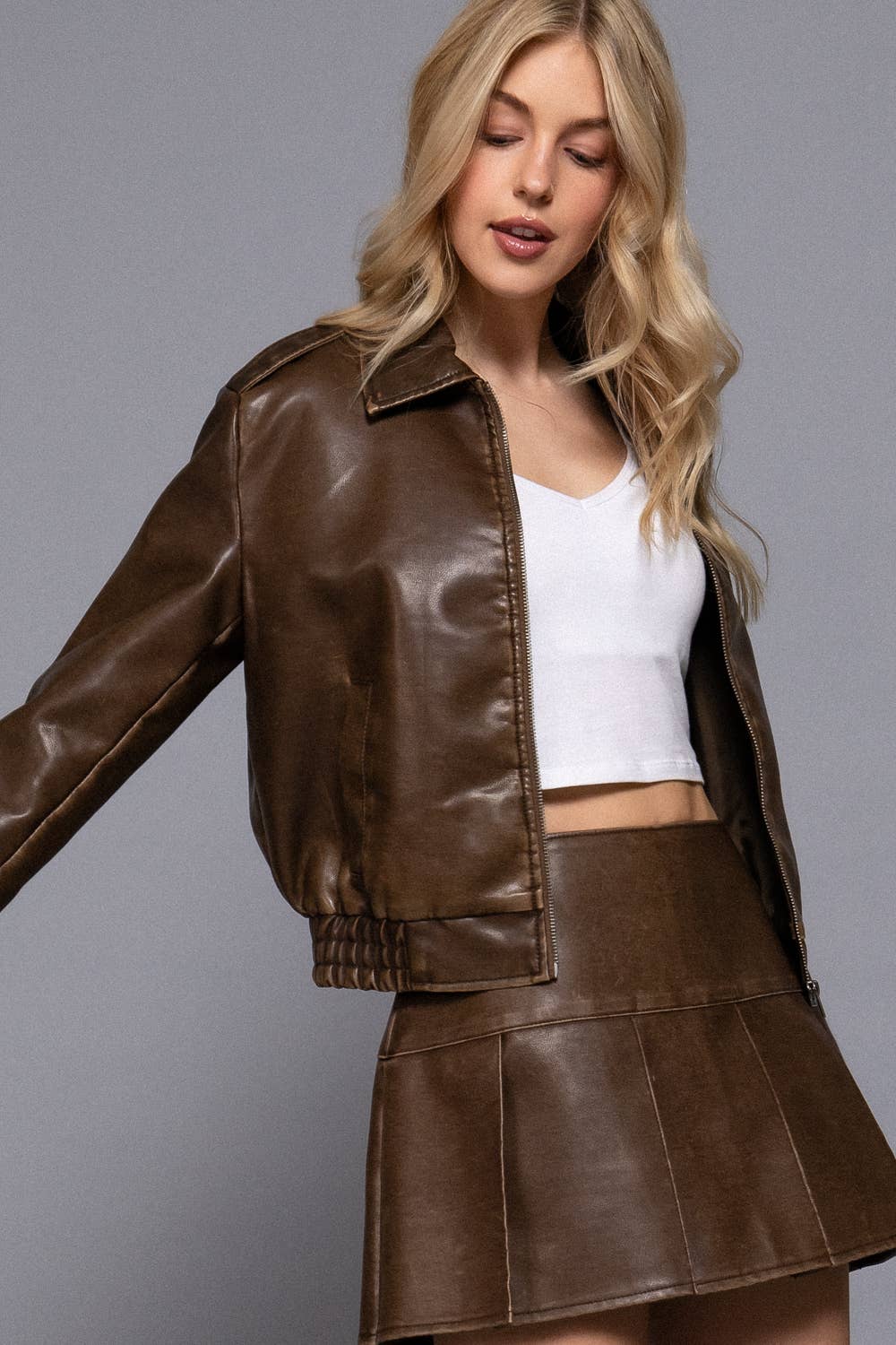 Long Sleeve Wash Effect Faux Leather Jacket