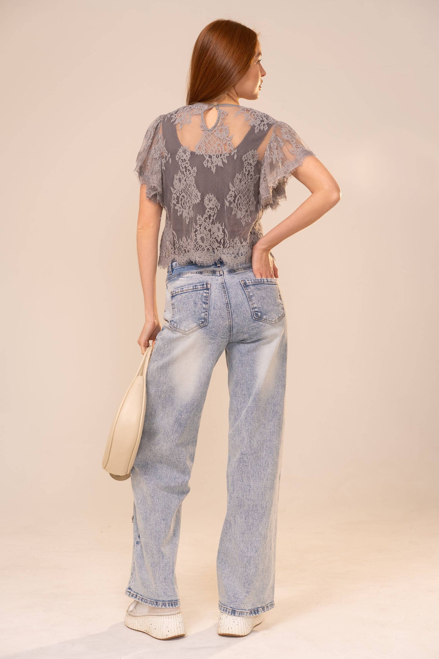 95817T Flutter Sleeve Cropped Lace Top