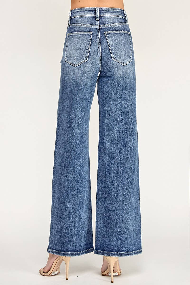 P1635W-MD DESTROYED HIGH RISE STRETCH SLIM PALAZZO WIDE LEG