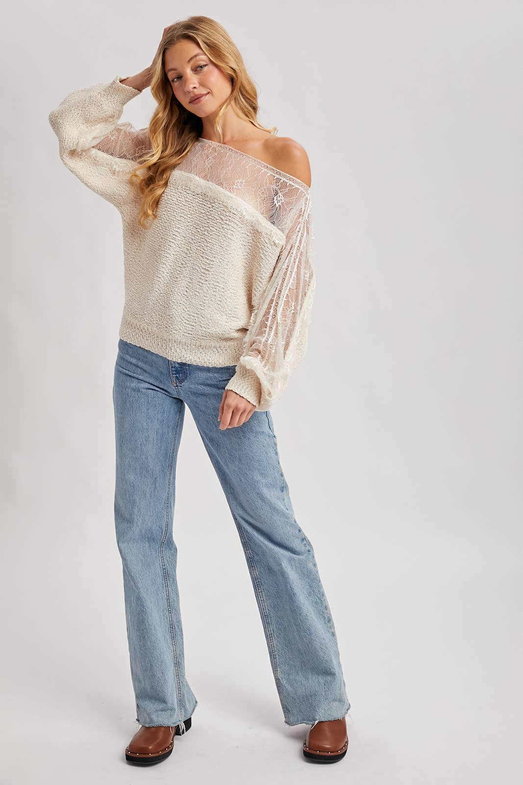 BOAT NECK LACE TRIMMED KNIT SWEATER PULLOVER