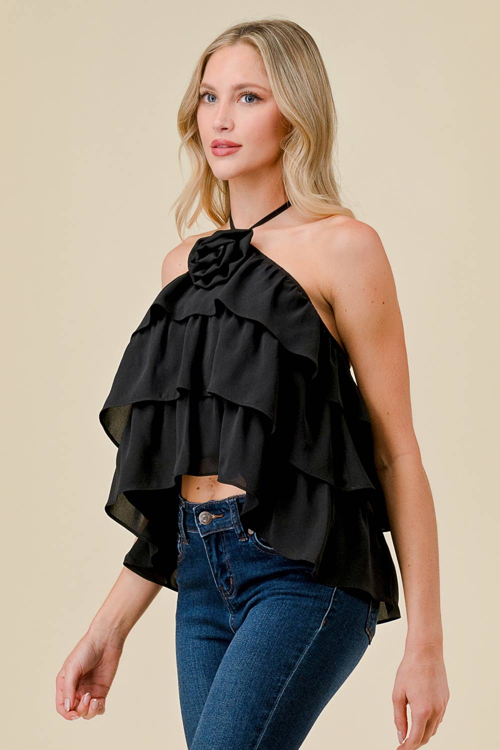 BT2635N ROSETTE HALTER NECK RUFFLED TIERED  TOP