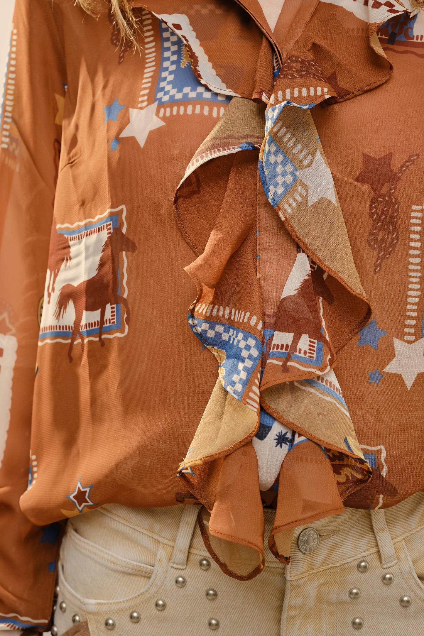Western Print Ruffle Sheer Blouse