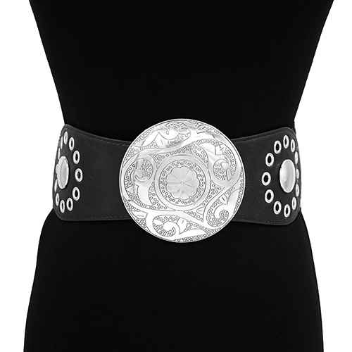 ENGRAVED ROUND WESTERN BUCKLE LEATHER ELASTIC BELT, KM 1647