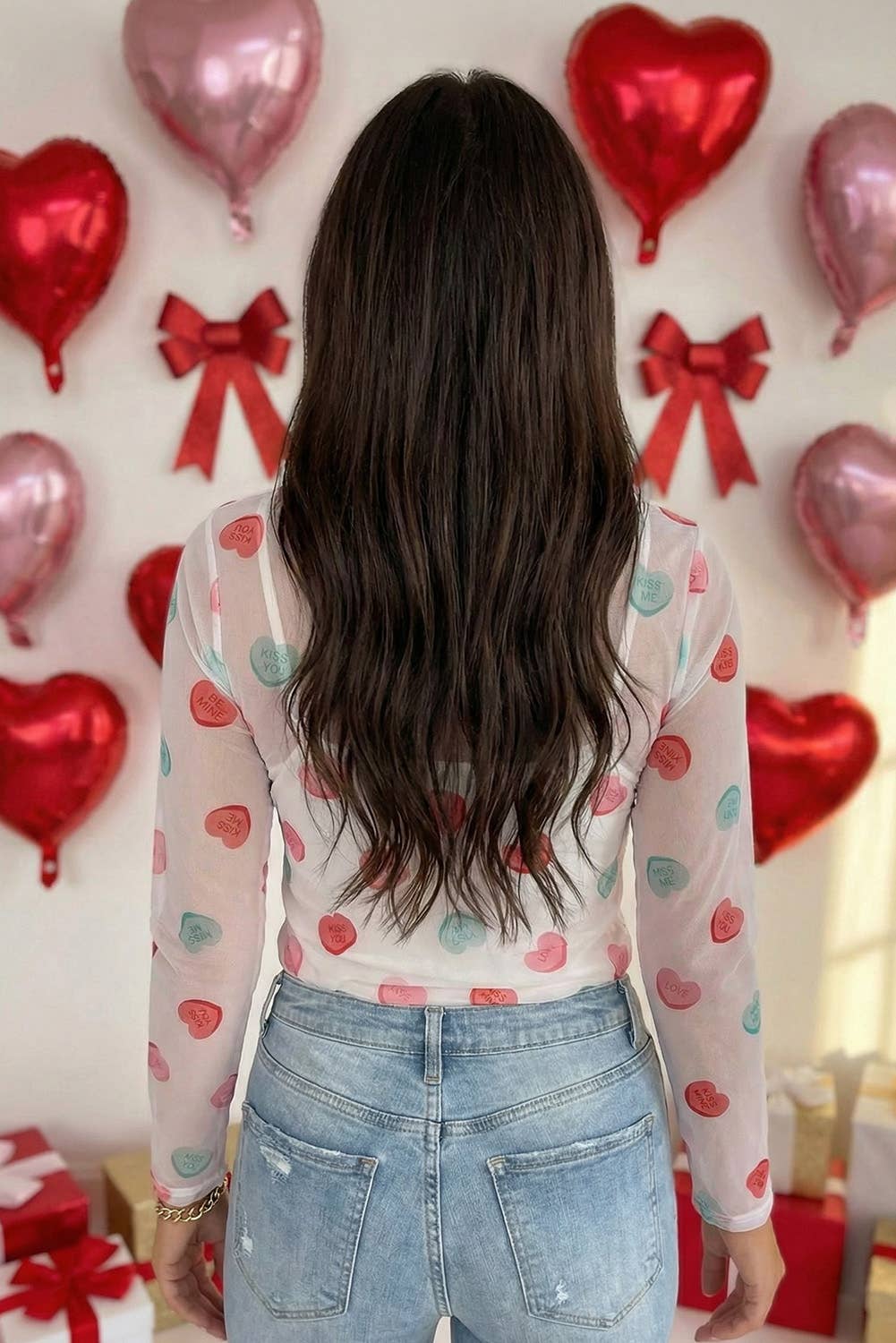 LAS Sheer Mesh Valentines Slogan Heart Printed Top