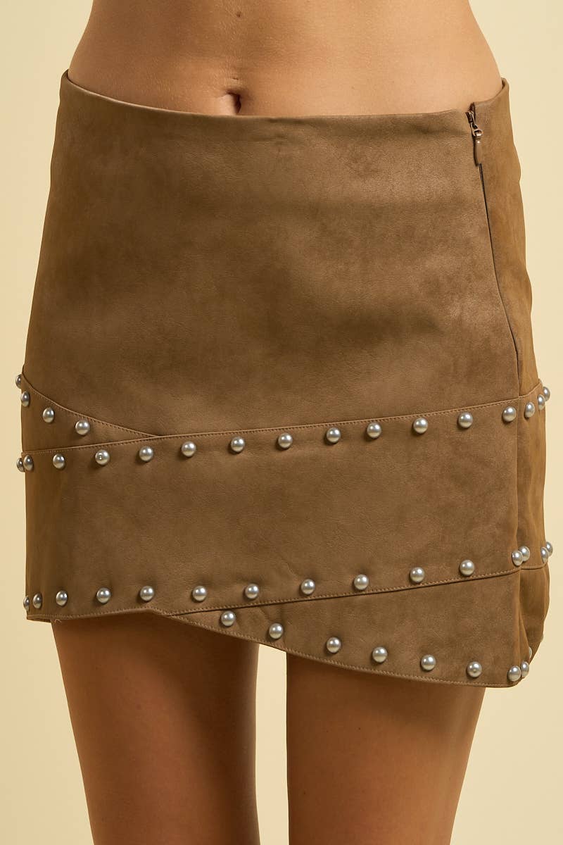 6731-Faux Suede Pearl-Studded Mini Skirt