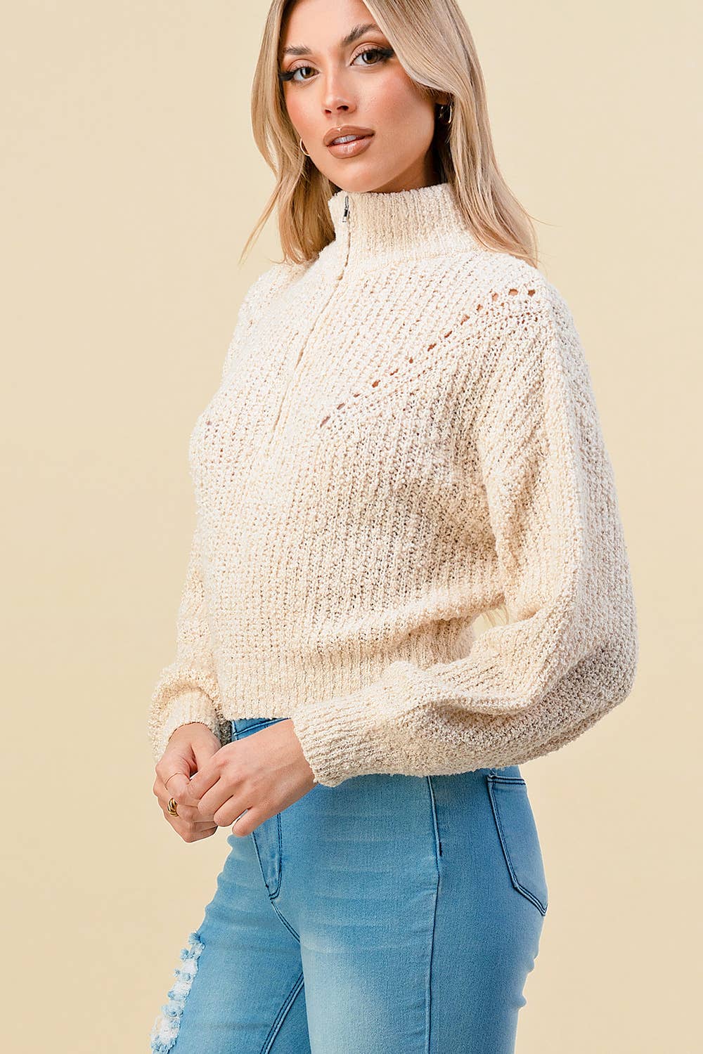 KNITTED LONG SLEEVE DETAIL PULLOVER WITH ZIPPER
