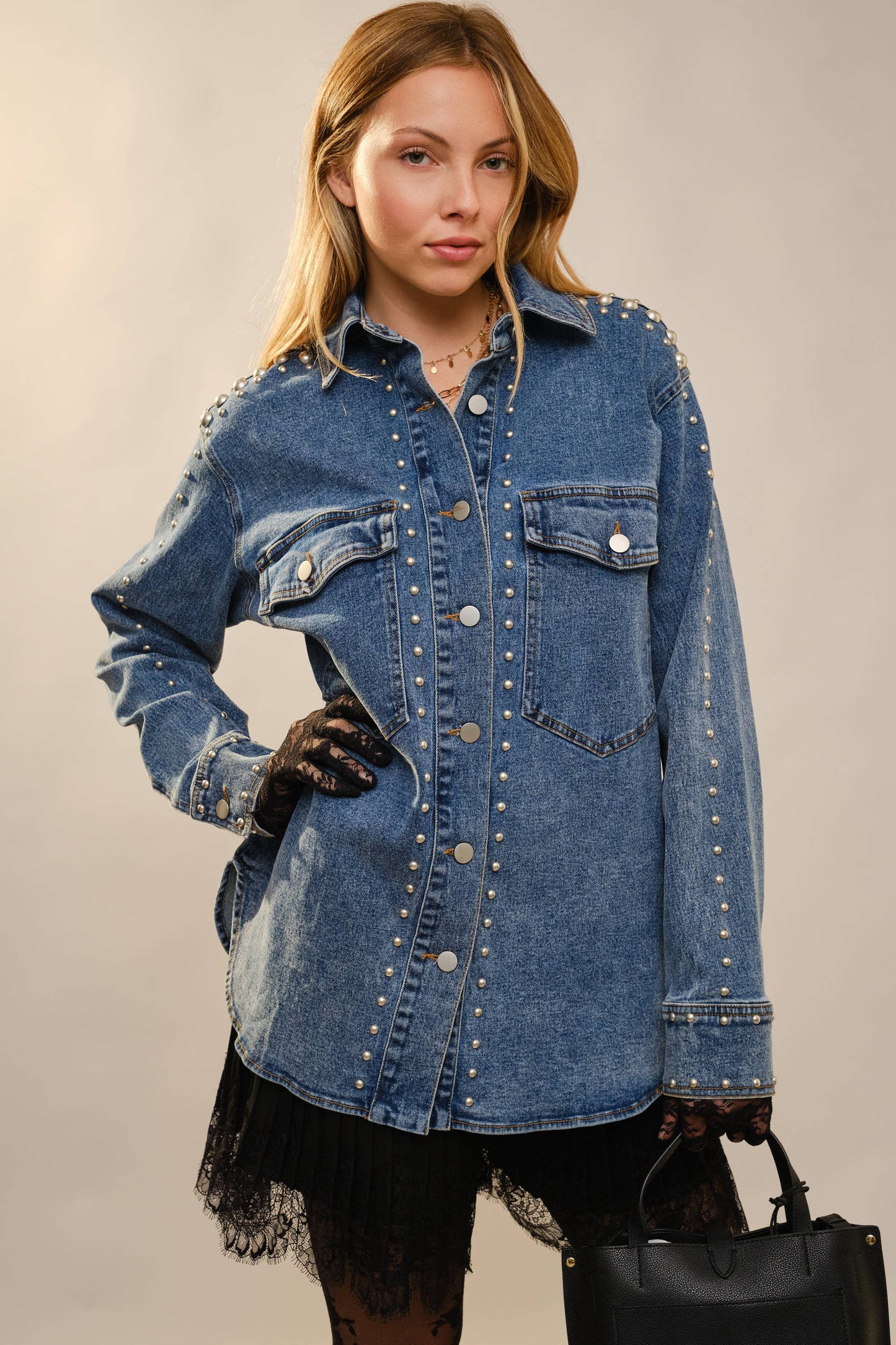23923J Metal Studded Oversized Denim Shacket