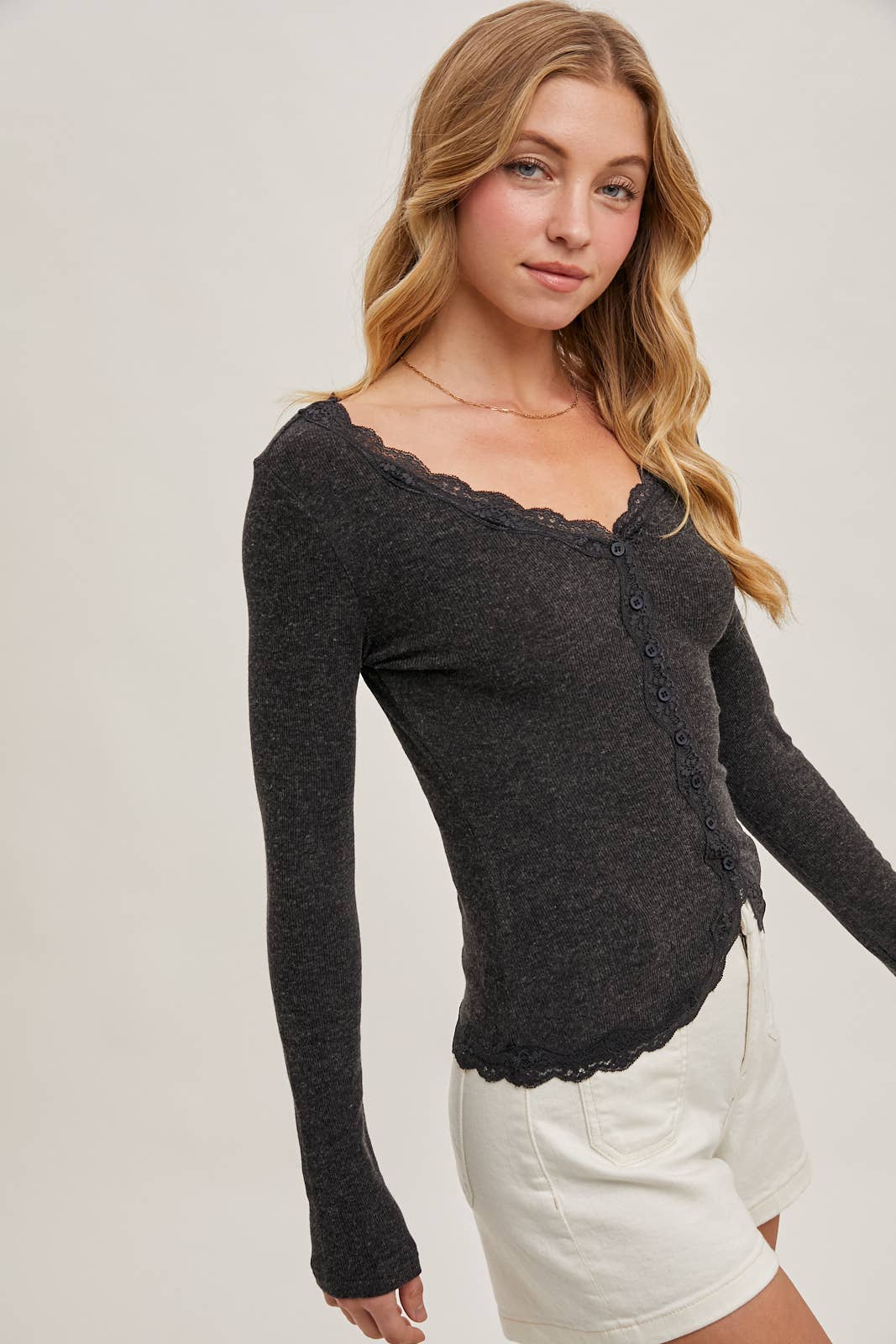 BUTTON DOWN LACE TRIMMED KNIT CARDIGAN TOP