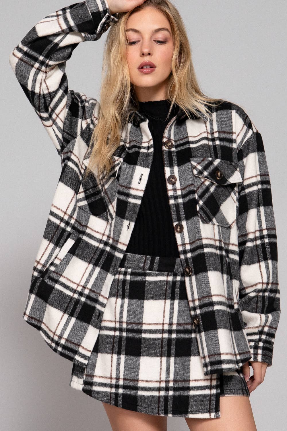 Long Sleeve Wool Blend Plaid Button Down Casual Jacket