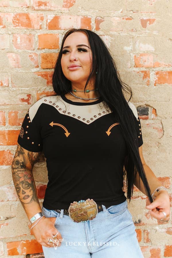 Black Western Beige Studded Embroidered Short Sleeve Shirt