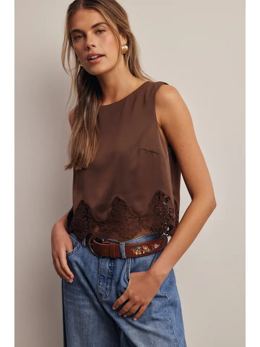 Satin Lace Hem Sleeveless Top FT0070