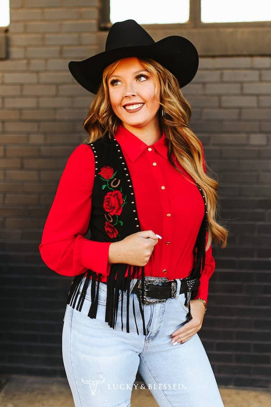 Black Stretch Suede Studded Floral Embroidered Fringe Vest