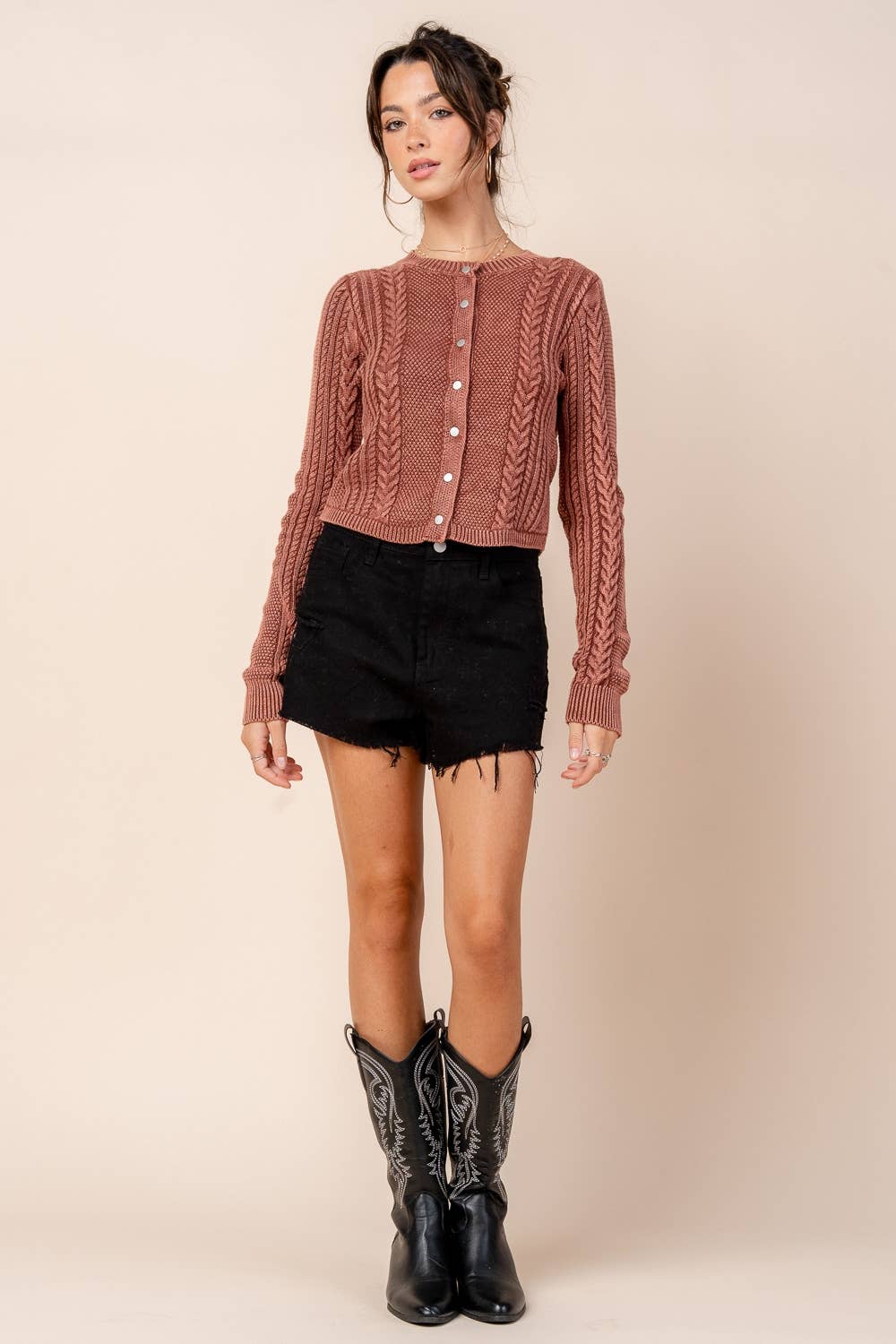 WASHED EFFECT CABLED SWEATER CARDIGAN