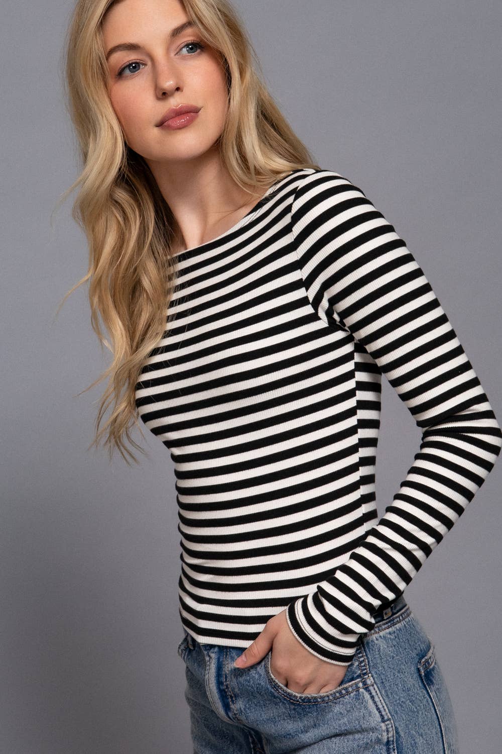 Long Sleeve Boat Neck Stripe Brushed Rib Top